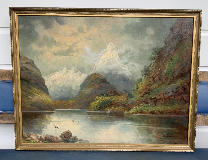 large antique oil painting on board of Mitre Peak by New Zealand artist Miss Jimsie C Fraser